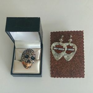 Harley Davidson Guitar Pick Earrings With Skeleton Crystal Cluster Ring